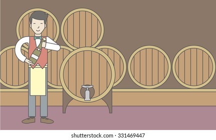 An asian waiter with a bottle of wine in wine cellar. Vector line design illustration. Horizontal layout with a text space for a social media post.