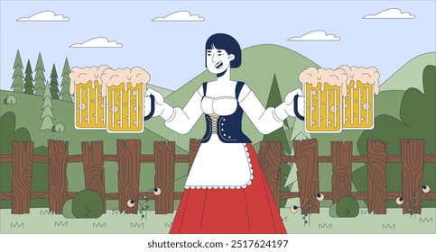 Asian waitress carrying beer at octoberfest flat illustration. Japanese female serving drinks at holiday 2D character cartoon background. Alcohol party at countryside scene vector storytelling image