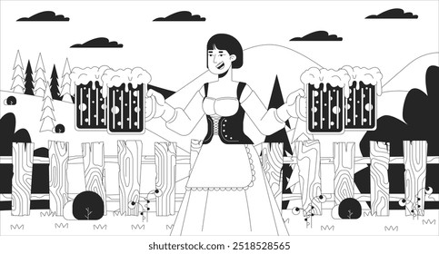 Asian waitress carrying beer at octoberfest black and white line illustration. Japanese female serving drinks at holiday 2D character monochrome background. Alcohol party outline vector image