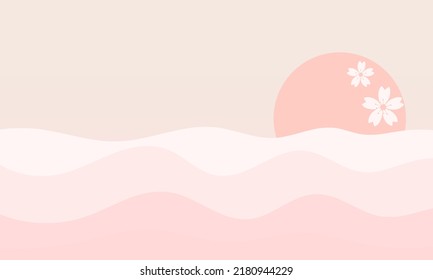 Asian wallpaper with sun set, cherry blossom Sakura flower and pink wave vector illustration.