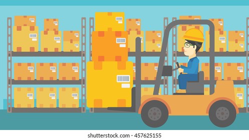 An asian warehouse worker loading cardboard boxes. Forklift driver at work in storehouse. Warehouse worker driving forklift at warehouse. Vector flat design illustration. Horizontal layout.