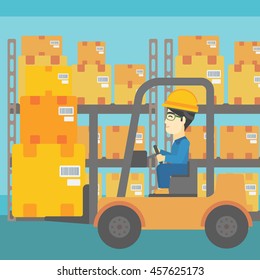 An asian warehouse worker loading cardboard boxes. Forklift driver at work in storehouse. Warehouse worker driving forklift at warehouse. Vector flat design illustration. Square layout.