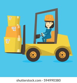 Asian warehouse worker loading cardboard boxes. Forklift driver at work in storehouse. Warehouse worker in hard hat driving forklift at warehouse. Vector flat design illustration. Square layout.