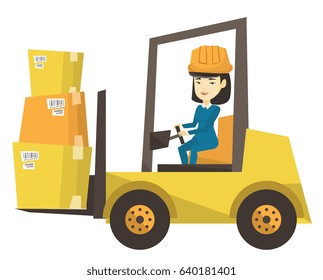 Asian warehouse worker loading cardboard boxes. Forklift driver at work in storehouse. Warehouse worker in hard hat driving forklift. Vector flat design illustration isolated on white background.