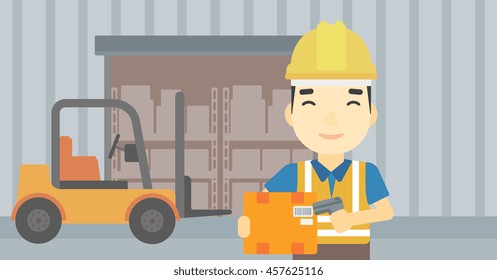 Ein asiatischer Lagerarbeiter scannt Barcode auf dem Feld. Lagerarbeiter überprüfen den Strichcode des Kastens mit einem Scanner. Mann in hartem Hut mit Scanner. Vektorflache Design-Illustration. Horizontales Layout.