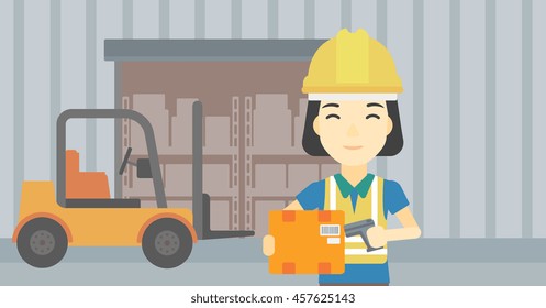 An asian warehouse worker scanning barcode on box. Warehouse worker checking barcode of box with a scanner. Woman in hard hat with scanner. Vector flat design illustration. Horizontal layout.