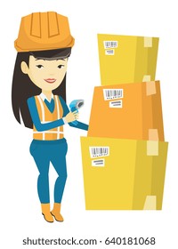 Asian warehouse worker scanning barcode on box. Warehouse worker checking barcode of box with a scanner. Warehouse worker with scanner. Vector flat design illustration isolated on white background.
