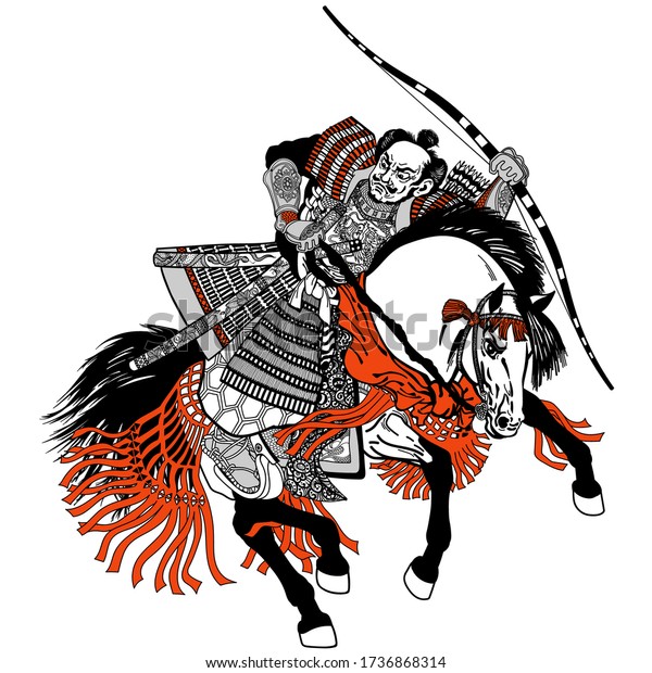 アジアの弓射手 馬に乗って中世の革の甲冑を着て弓を持つ日本の侍 中世の東アジアの兵士が馬を駆けて馬に乗る 黒い灰色の赤 のベクター画像素材 ロイヤリティフリー