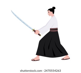 Asian warrior, vector illustration. Traditional samurai in a side pose with a sword on a clean isolated background. Eastern military character design.