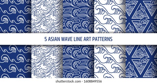 Asian water sea wave vector seamless pattern set.