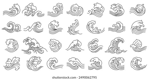 asian wave water pattern line art vector illustration. swirl ocean oriental style wave icons