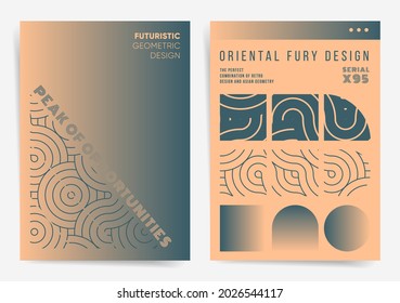 Asian wavy geometric poster or cover design. Vector retro gradient set.