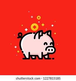 Asian wealth coins and Pig as symbol of 2019 Chinese New Year on red background. Editable stroke