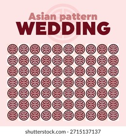Asian wedding pattern with traditional red symbols in flat vector style. Repeating decorative elements inspired by oriental culture, suitable for wedding invitations, backgrounds, textiles, and festive designs.