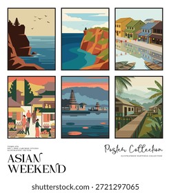 Conjunto de arte de paisaje de fin de semana asiático con montañas, ríos y pueblos