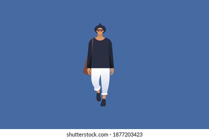 Asian, white ethnicity male character walking dressed casual. Vector.