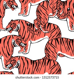 Asian wild animals amur tiger. Trendy animalistic endless pattern. Exotic animals.   Cute background for textile, wallpaper, pattern fills, covers, surface, print.