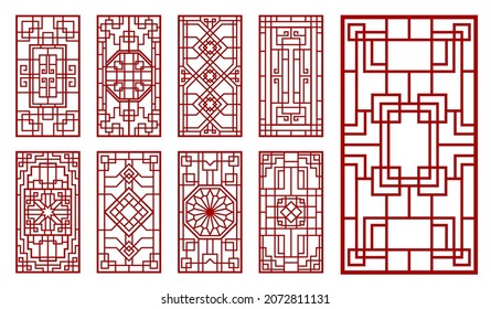 Ornamentos asiáticos de ventanas y puertas. motivos coreanos, chinos y japoneses. Paredes vectoriales orientales o decoración interior con inacabables arcos o rejillas de nudos, adornos florales y rectangulares de líneas