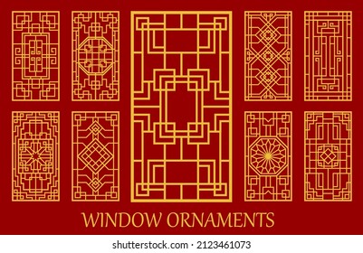 Asian window and door ornaments, Korean, Chinese and Japanese patterns, vector golden frames. Asian geometric style, ancient oriental house art for window grid, interior ornaments and wood decor