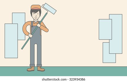 Un rodillo asiático de sujeción de un limpialunas sobre un palo. Ilustración de diseño de línea de vector. Diseño horizontal con un espacio de texto.