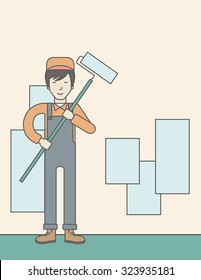 An asian window-cleaner holding roller on a stick. Vector line design illustration. Vertical layout with a text space.