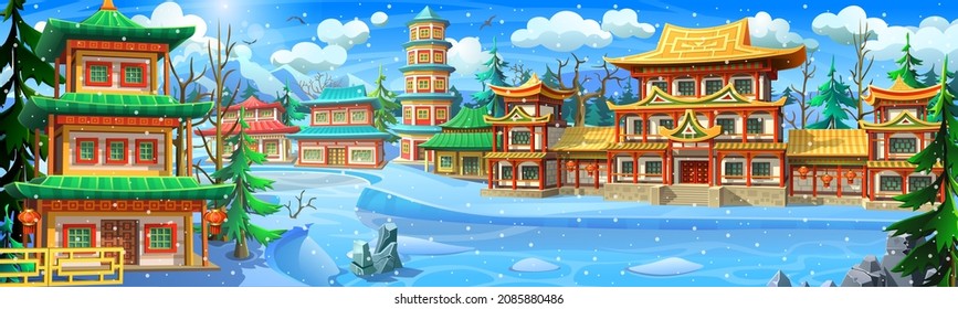 Asian, winter, old village with national buildings, temples and pagodas. An Asian city on the banks of the river, covered with snow, in a blizzard. 