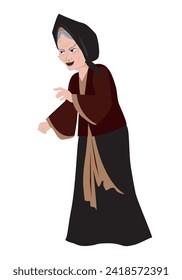 Asian Witch devil character. Old and evil woman in dark traditional costume