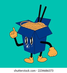 Asian wok box with ramen noodles. Cute cartoon character with hands, legs, eyes. Retro comic style. Hand drawn isolated Vector illustration. Print, logo template