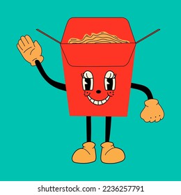 Asian wok box with ramen noodles. Cute cartoon character with hands, legs, eyes. Retro comic style. Hand drawn isolated Vector illustration. Print, logo template