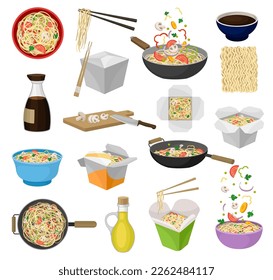 Asian wok cooking process and ingredients set. Udon noodles in paper boxes, shrimp, vegetables. Eastern fast food for menu design vector illustration