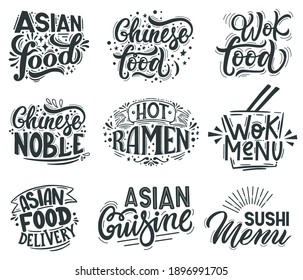 Asian wok. Noodle, ramen and wok cafe menu lettering quotes, asian traditional food labels. Wok asian food vector illustration set. Hot ramen, chinese noble and sushi menu for restaurant