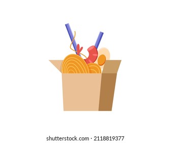 Asian wok noodle in a takeaway box with chopsticks, egg, schrimp. Vector illustration in flat style