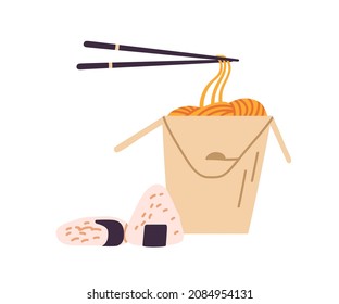 Fideos de trabajo asiáticos en la caja de cartón, palillos y sushi de onigiri. Comida japonesa en un contenedor de papel. Comida china para llevar. Ilustración vectorial plana aislada en fondo blanco