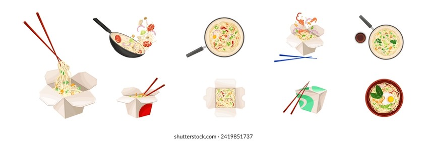 Asian Wok Noodles Cooking with Frying Pan and Ingredients Vector Set