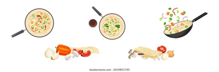 Asian Wok Noodles Cooking with Frying Pan and Ingredients Vector Set