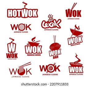 Asian wok pan and noodles box icons. Chinese and Japanese cuisine wok symbols. Asian fast food restaurant, hot takeaway meals street bar or delivery vector signs with wok pan, noodles and chopsticks