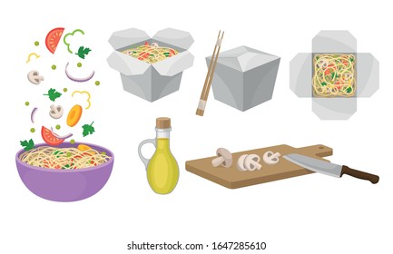 Asian Wok Udon Noodles in Paper Box and in Ceramic Bowl with Sliced Vegetable Ingredients Floating Above Side View Vector Set