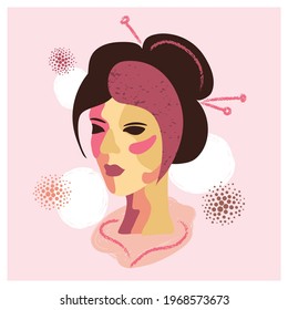 Asian woman abstract portrait. Trendy poster design. Girl face vector illustration.