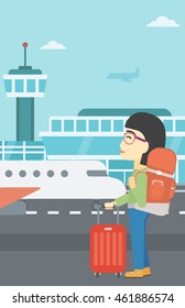 An asian woman at the airport with backpack and a suitcase. Woman standing at the airport and looking at the flying airplane. Vector flat design illustration. Vertical layout.