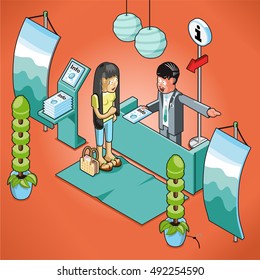 Asian woman asking question at information stand, employee handing out a brochure (isometric illustration)