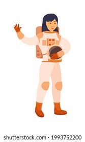 Asian woman astronaut holding helmet waving hand on white