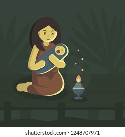 Asian woman with a baby sitting on the bridge. Palm trees and river on the background. Vector illustration ispired by the Thai folklore ghost - Mae Nak Phrakanong. 