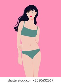 An Asian woman in a bikini swimsuit stands on a pink background. Beach holidays and vacations. Fashionable vector illustration