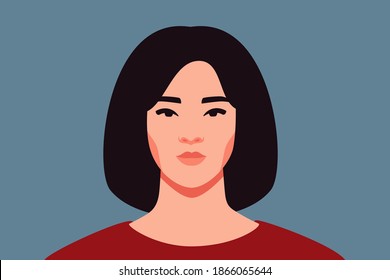 Asian woman with black hair smiles and looks directly. Confident young female with white skin portrait front view on a blue background. Vector illustration. 