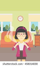 An asian woman breaking the cigarette. Woman crushing cigarette. Woman holding broken cigarette on the background of living room. Quit smoking concept. Vector flat design illustration. Vertical layout