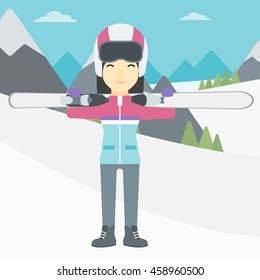 An asian woman carrying skis on her shoulders on the background of snow capped mountains. Vector flat design illustration. Square layout.