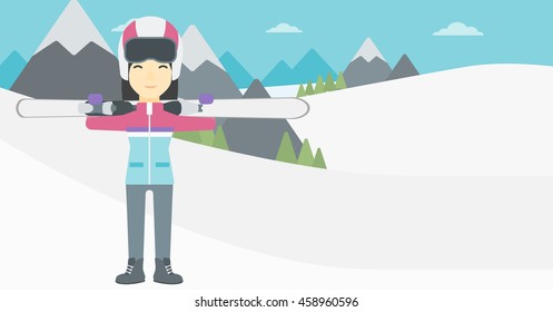 An asian woman carrying skis on her shoulders on the background of snow capped mountains. Vector flat design illustration. Horizontal layout.