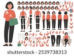 Asian woman character constructor. Cute business girl. Set of hands legs body and head positions for creating animation and your own illustrations. DIY kit. Vector illustration in flat style