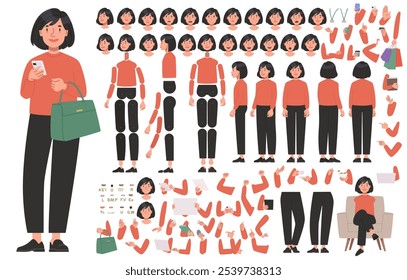 Constructor de personajes de mujer asiática. Linda chica de negocios. Conjunto de manos piernas cuerpo y cabeza posiciones para crear animación y sus propias ilustraciones. Kit DIY. Ilustración vectorial en estilo plano