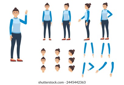 Constructor de personajes de mujer asiática listo para la animación con diferentes poses y expresiones emocionales.